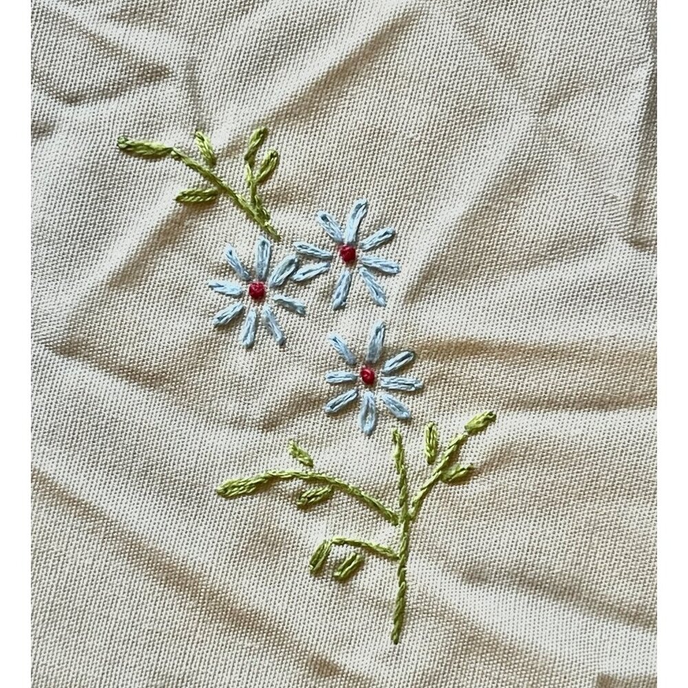 Beige Floral Embroidered Tablecloth 67" X 49" Pink & Blue Cross-Stitch VTG - Picture 12 of 13